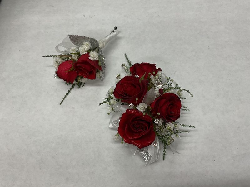 RED rose Wrist Corsage WITH Matching boutonniere set #5