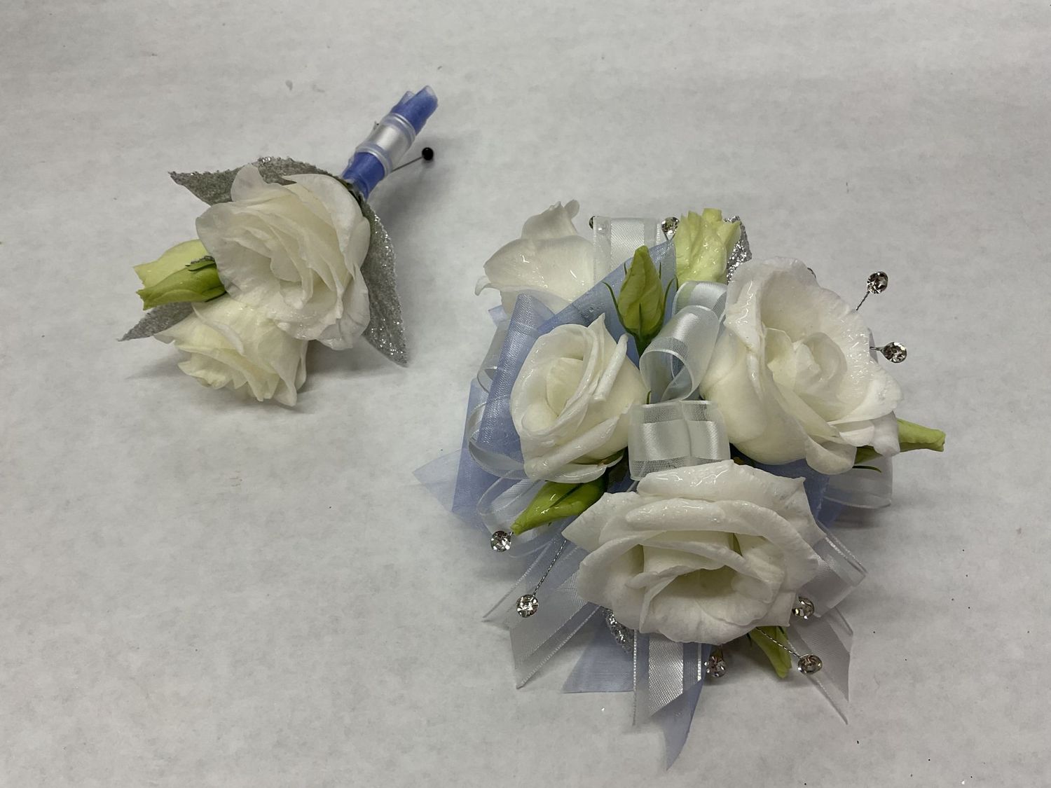 WHITE Lisianthus Wrist Corsage WITH Matching boutonniere set #12
