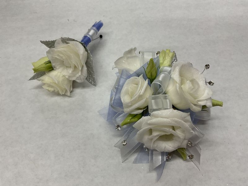 WHITE Lisianthus Wrist Corsage WITH Matching boutonniere set #12