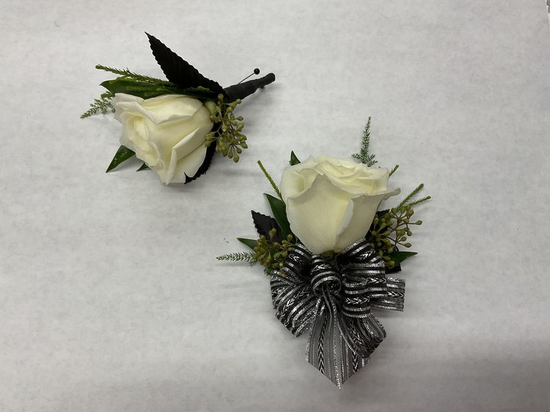 WHITE Single rose Wrist Corsage WITH Matching boutonniere #9