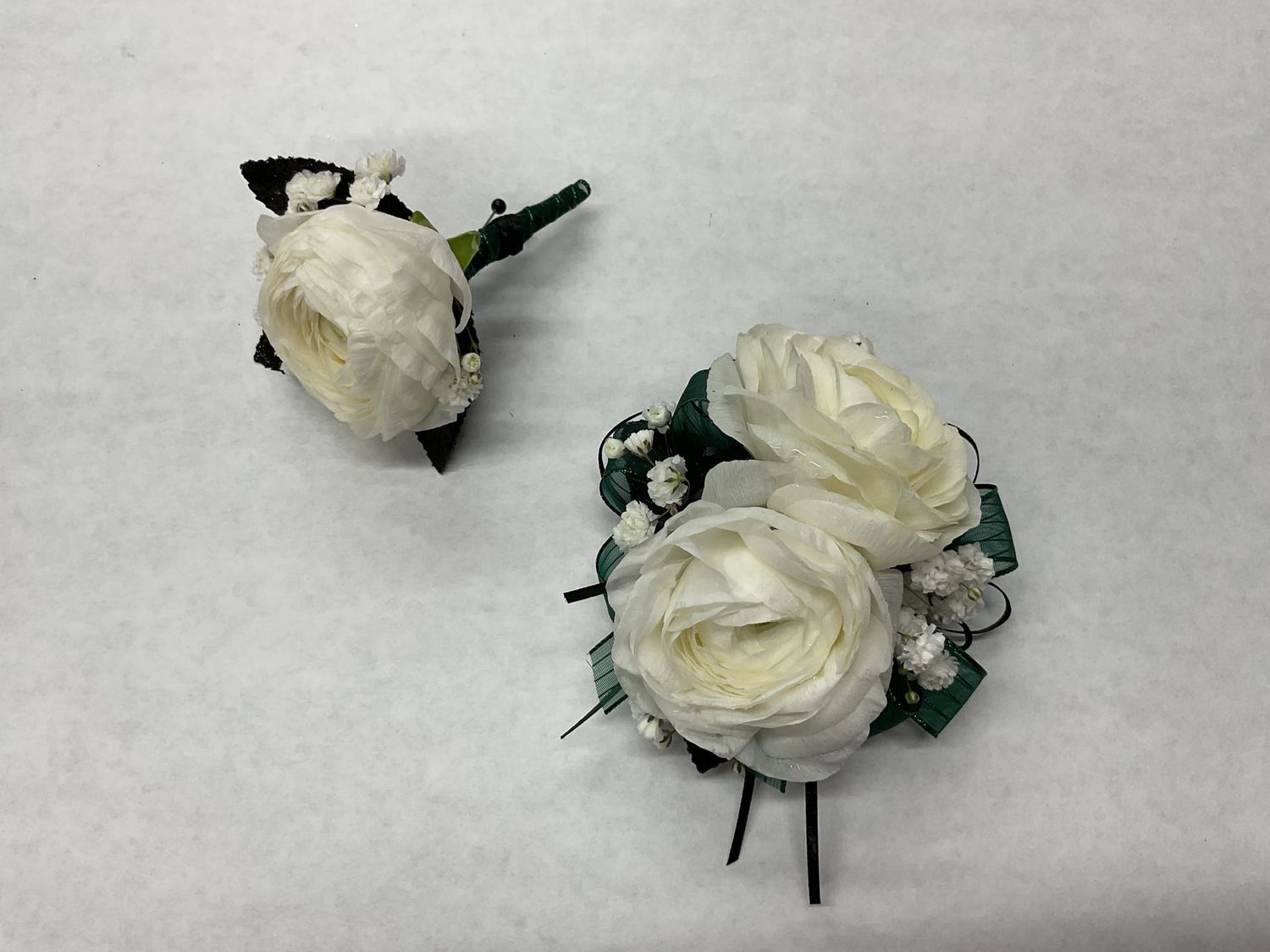 White Ranunculus Corsage WITH Matching boutonniere set #16