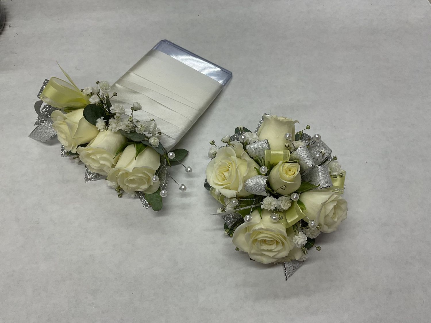 WHITE  rose Wrist Corsage WITH Matching Pocket Square set #8