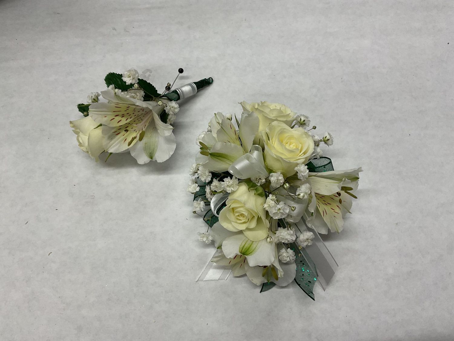 WHITE rose with Alstroemeria Wrist Corsage WITH Matching boutonniere set #11 WHITE rose with Alstroemeria Wrist Corsage WITH Matching boutonniere set #11