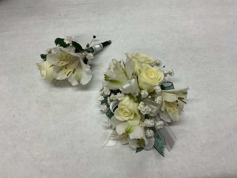 WHITE rose with Alstroemeria Wrist Corsage WITH Matching boutonniere set #11