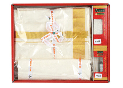 RAMRAJ&#39;S SUBHA LAGNA SILK SHIRT BIT AND SILK DHOTI 1-1/2&quot; BORDER