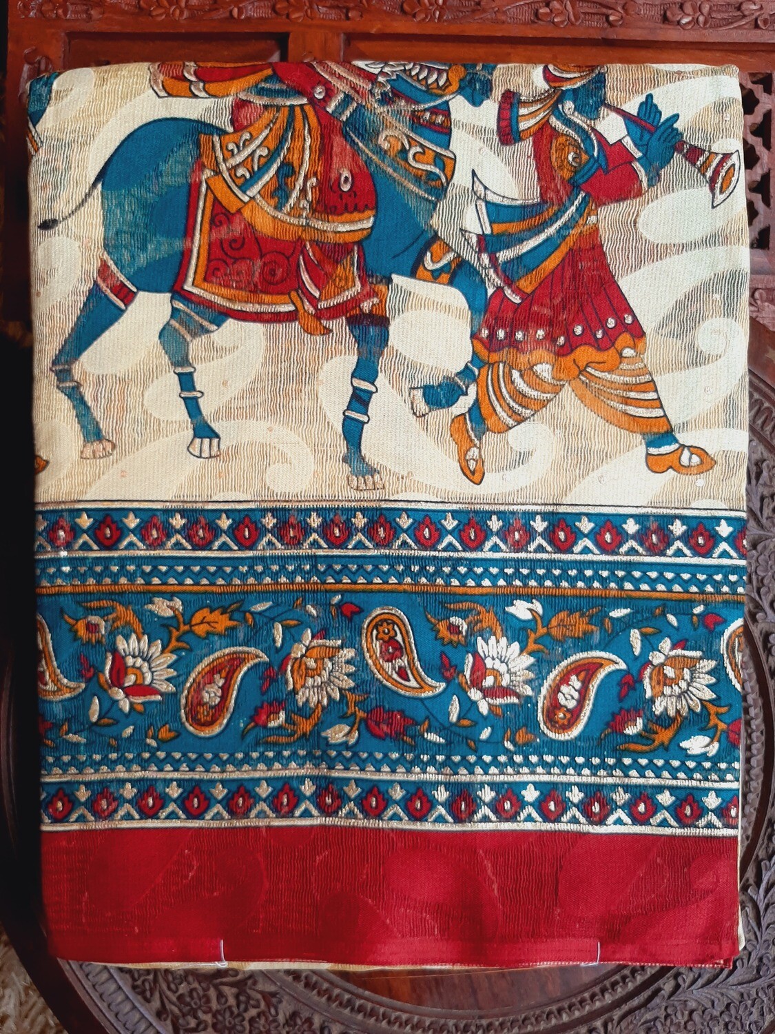 Bhagalpuri Saree with Ethnic Design, Colour: Green n Red