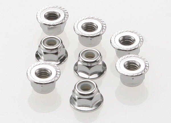 3647 - Nuts, 4mm flanged nylon locking (steel, serrated) (8)