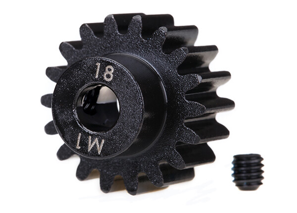 6491R - Gear, 18-T pinion (machined) (1.0 metric pitch) (fits 5mm shaft)/ set screw (compatible with steel spur gears)
