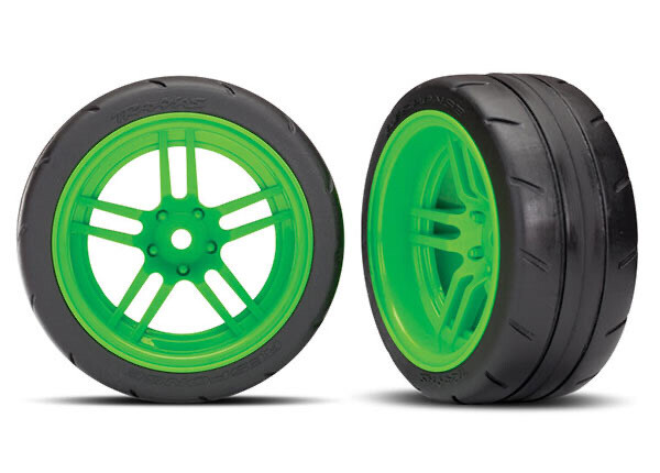 8374G - Tires and wheels, assembled, glued (split-spoke green wheels, 1.9' Response tires) (extra wide, rear) (2) (VXL rated)