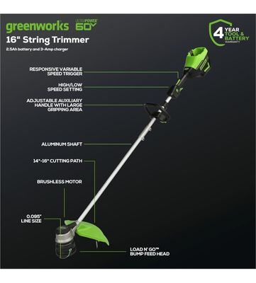 Greenworks 60V 16” Brushless Cordless String Trimmer, 2.5Ah Battery and Charger Included