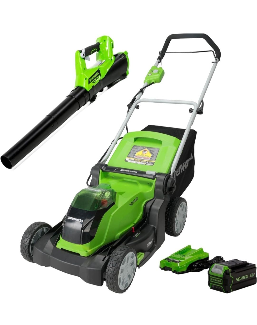 Greenworks 40V 17 inch Cordless Lawn Mower + Axial Leaf Blower with 4Ah Battery and Charger Combo Kit