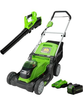Greenworks 40V 17 inch Cordless Lawn Mower + Axial Leaf Blower with 4Ah Battery and Charger Combo Kit