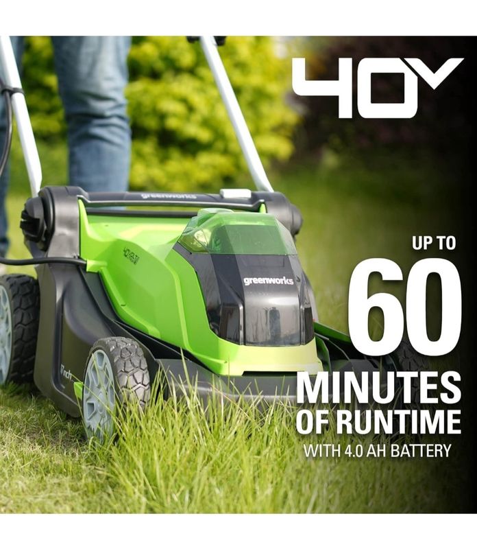 Greenworks 40V 17 inch Cordless Lawn Mower + Axial Leaf Blower with 4Ah Battery and Charger Combo Kit
