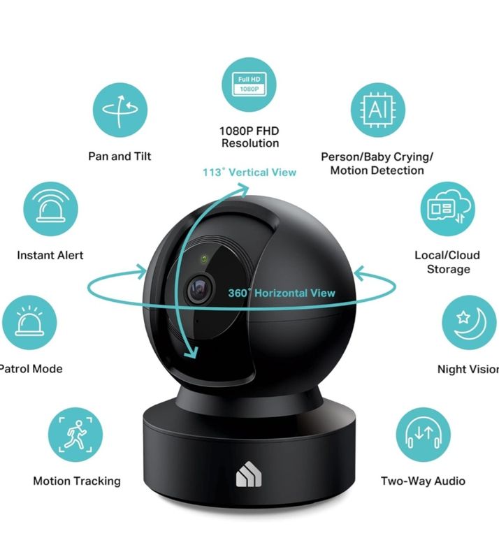 Smart Indoor Pan-Tilt Home Security Camera, 1080p HD, Cloud &amp; SD Card Storage, Works w/ Alexa &amp; Google Home, 2.4G WiFi (New)