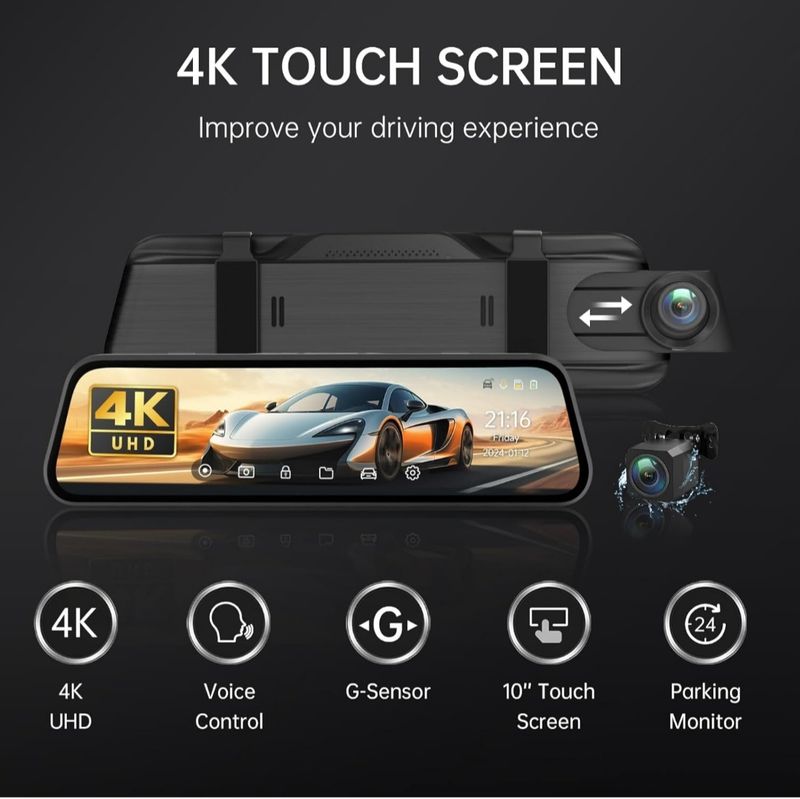 4K 10'' Mirror Car Dash Cam Front and Rear for Car with Voice Control, 24H Parking Mode, Night Vision, 32GB SD Card Included (New)