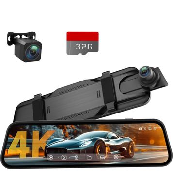 4K 10&#39;&#39; Mirror Car Dash Cam Front and Rear for Car with Voice Control, 24H Parking Mode, Night Vision, 32GB SD Card Included (New)