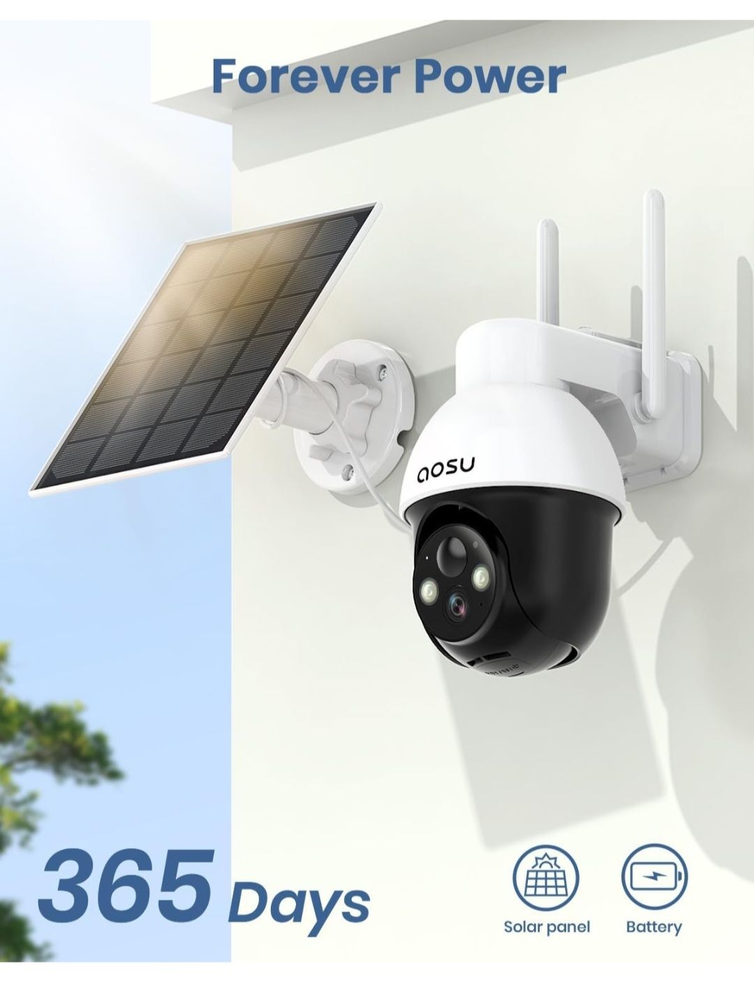 AOSU 2K Solar Security Camera with Pan and Tilt, Spotlight and Siren