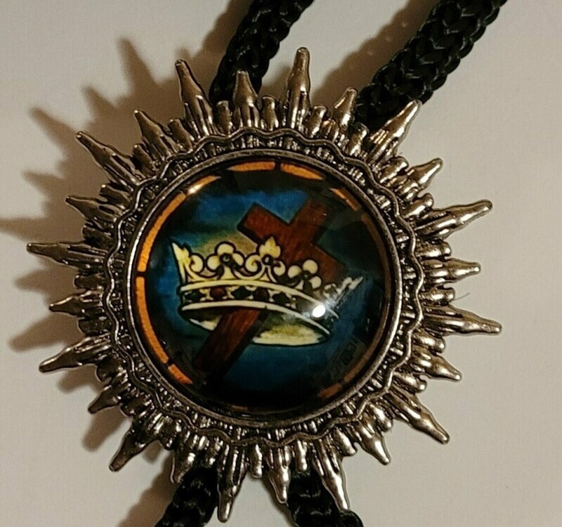Knights Templar Bolo Necklace Tie - Crown & Cross Blue Background