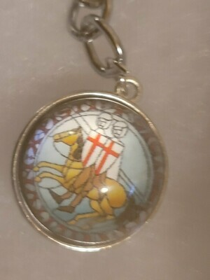 Knights Templar 2 on Horse Light Blue Circle Globe Pendant Key Ring
