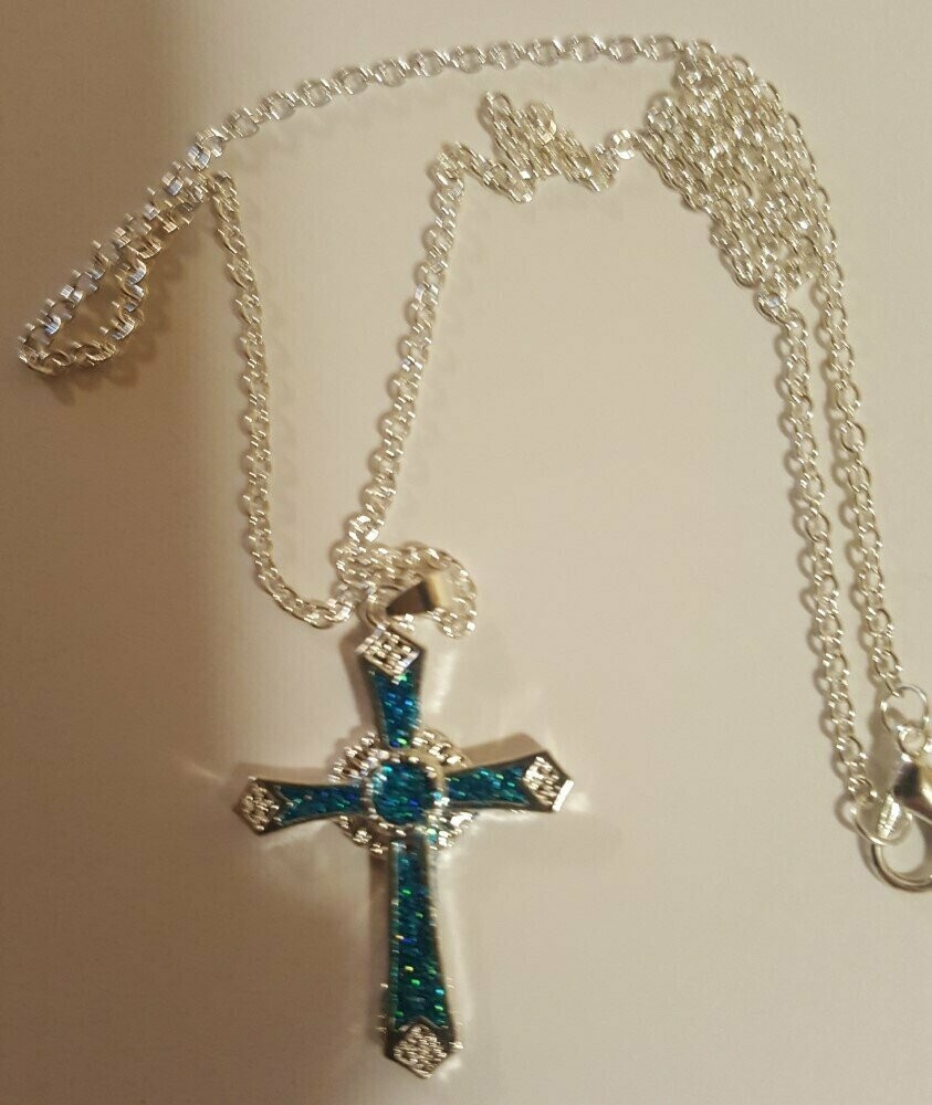 Christian Cross Pendant Necklace - Sparkel Blue