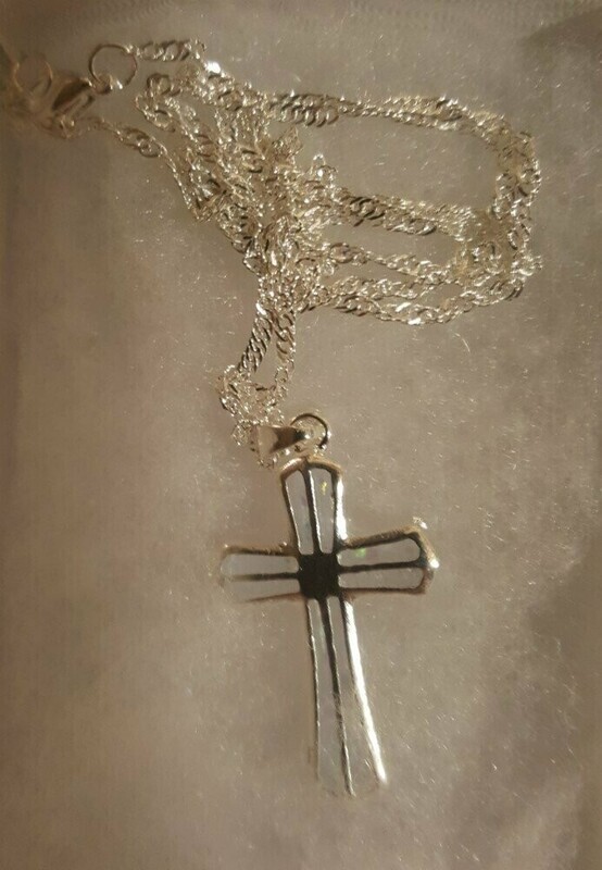 White Opalescent Christian Cross Pendant Necklace