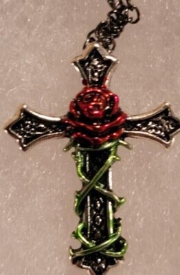 Red Rose Cross Christian Pendent Necklace cj