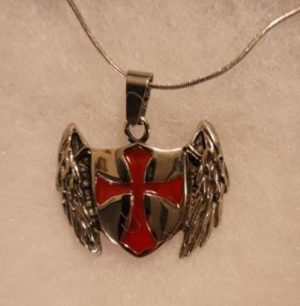 Knights Templar Shield Cross Angel Wings Pendant Necklace W/Giftbox