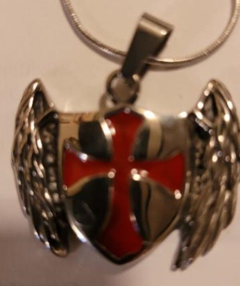 Knights Templar Shield Cross Angel Wings Pendant Necklace W/Giftbox