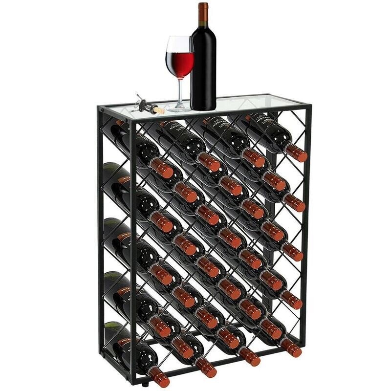 32 Bottles Wine Cabinet. Floor Standing Metal &amp; Glass Wine Rack Wine Stand