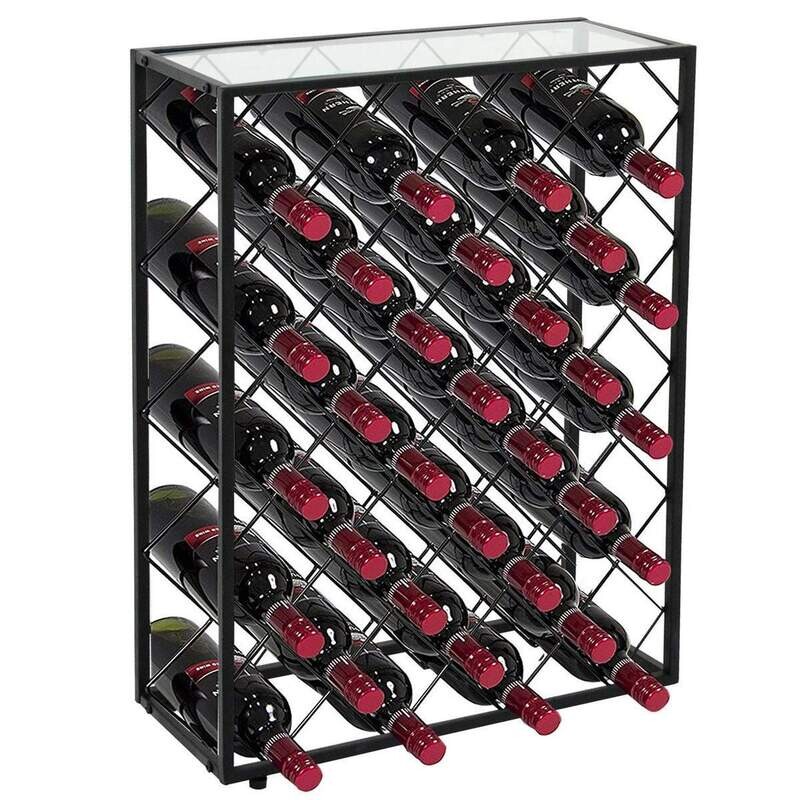 32 Bottles Wine Cabinet. Floor Standing Metal &amp; Glass Wine Rack Wine Stand