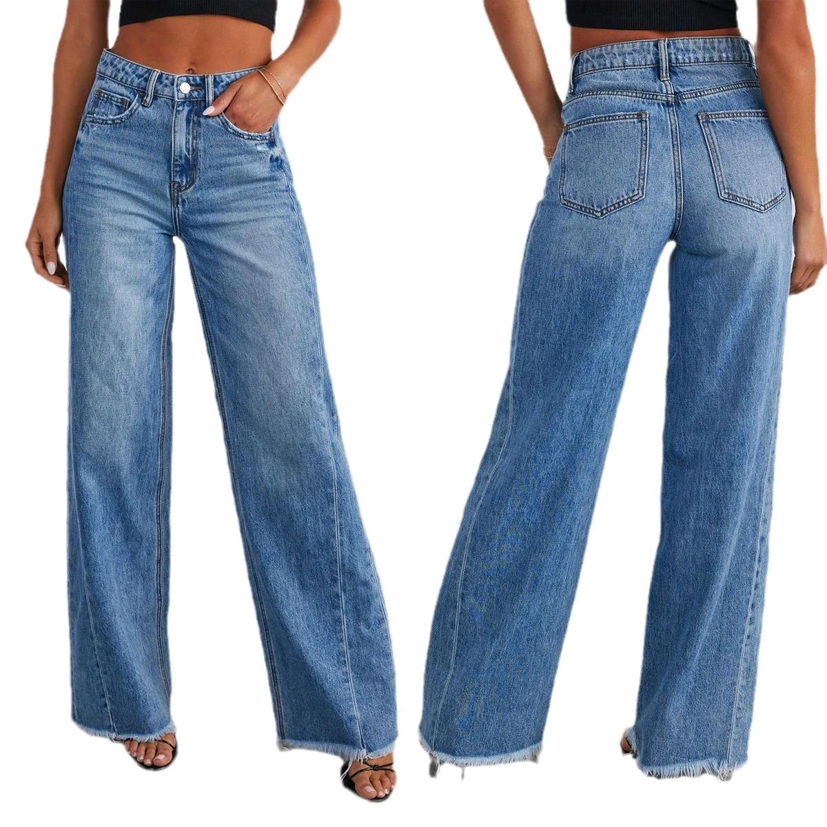 Womens distressed hem denim jeans high waisted loose leg side seam