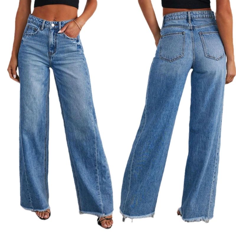 Womens distressed hem denim jeans high waisted loose leg side seam