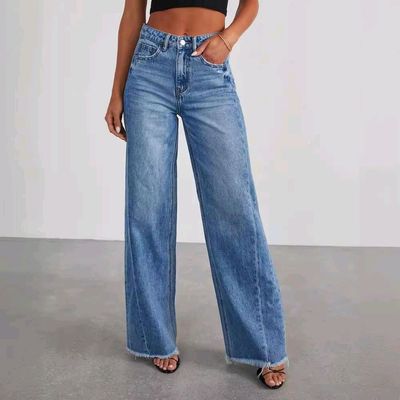 Womens distressed hem denim jeans high waisted loose leg side seam
