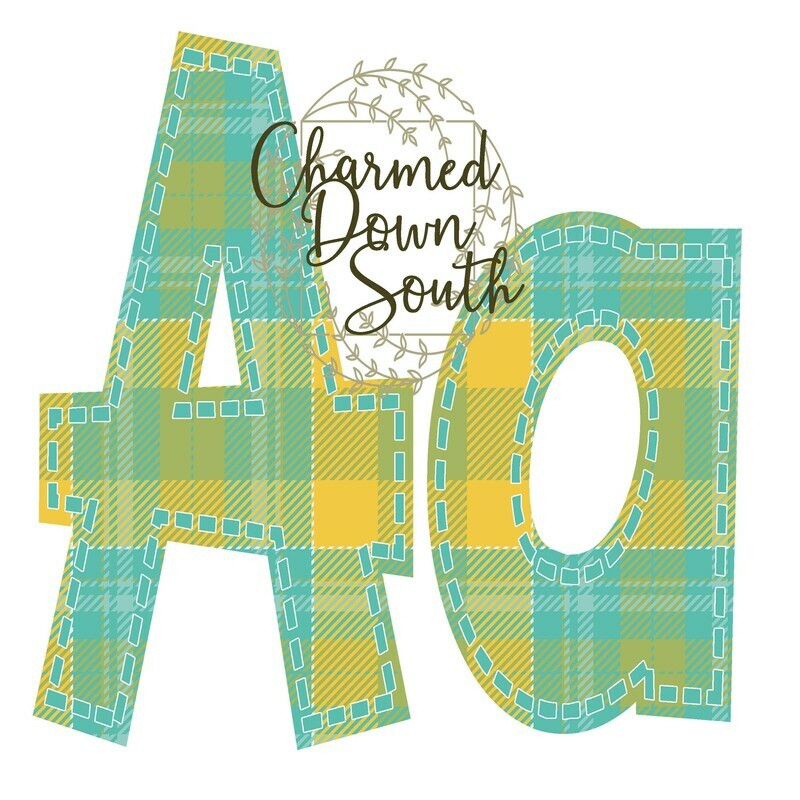 Spring Plaid Teal and Yellow Stitch Font Set digital design