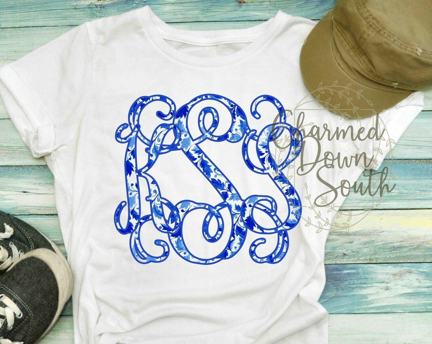 Blue and White Floral Circle Monogram Font
