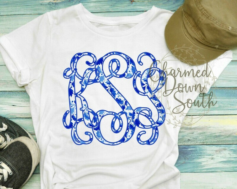 Blue and White Floral Circle Monogram Font