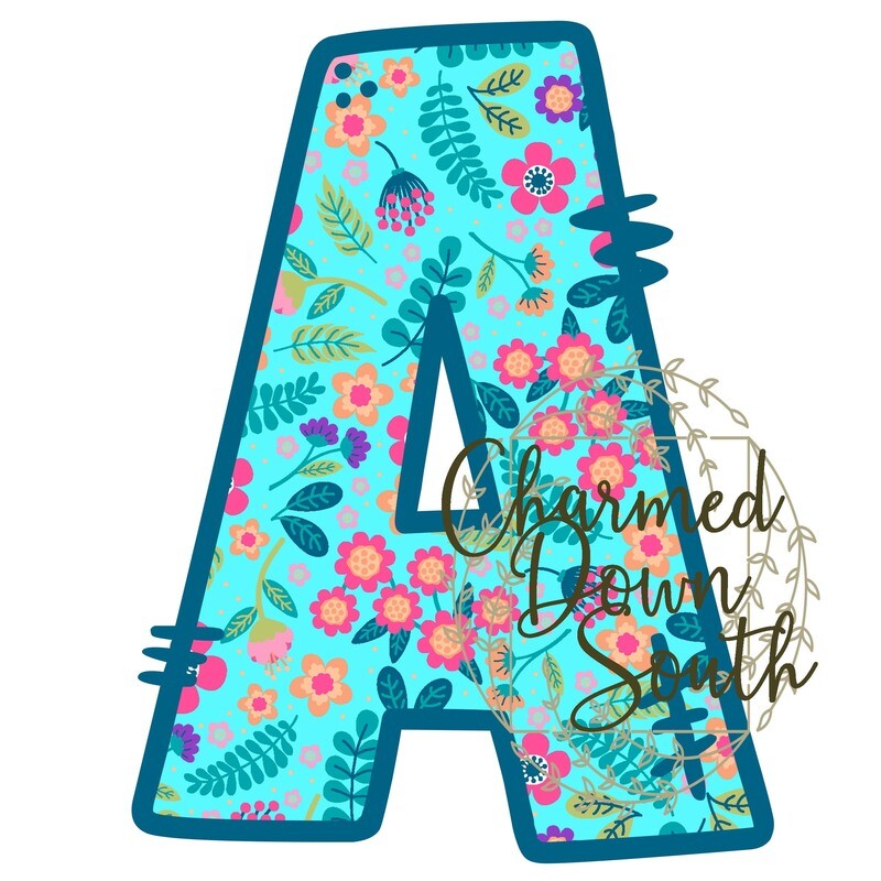 Teal Floral Stitches Doodle Font, Number and Punctuation Digital Design Set