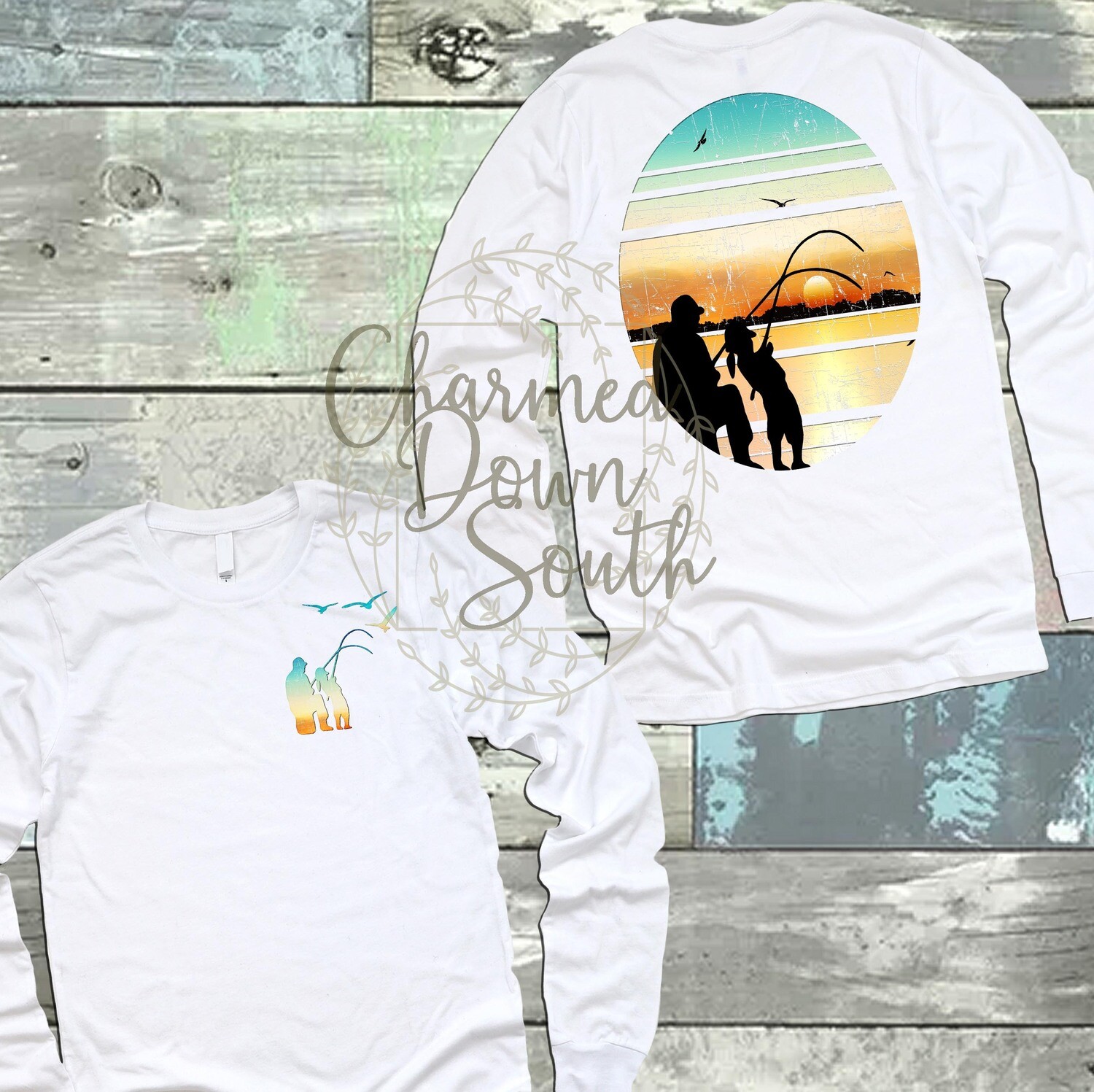 Sunset Fishing Dad and Daughter Digital Design with Free unbranded mock up