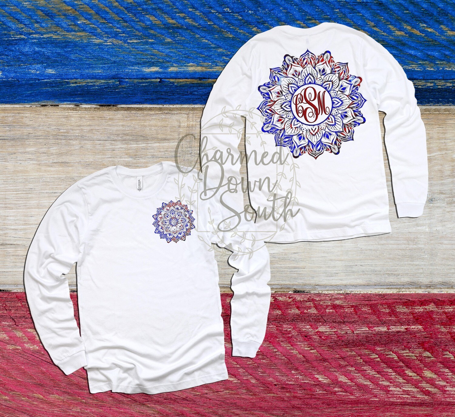 Mandala Monogram Frame Front and Back red/white/blue Digital Design