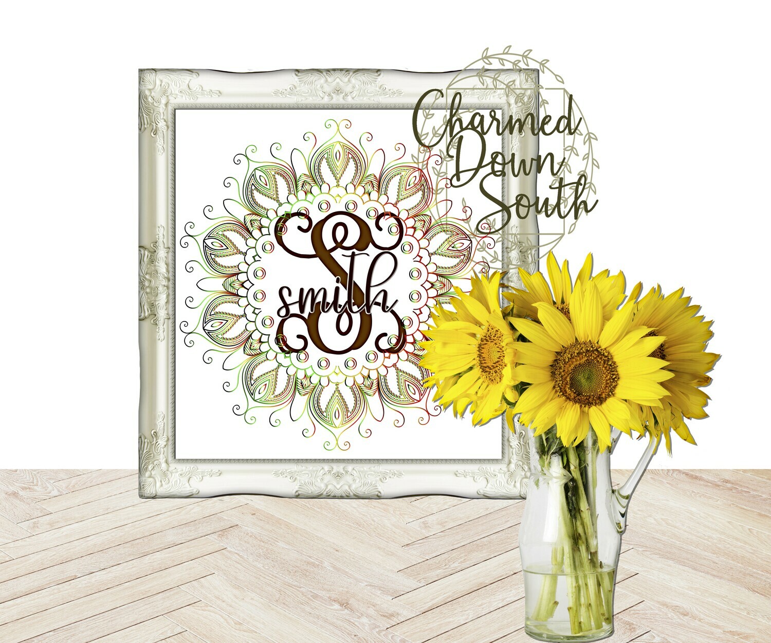 Mandala Monogram Frame Multi Color greens/yellows/reds Digital Design