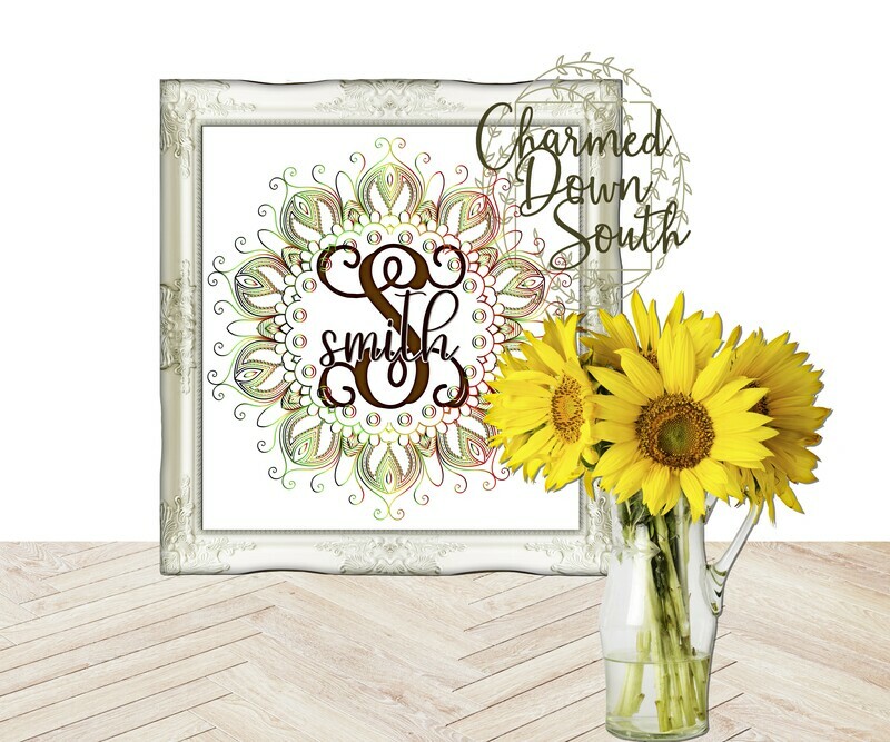Mandala Monogram Frame Multi Color greens/yellows/reds Digital Design