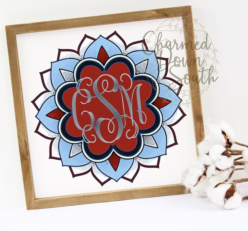 Mandala Monogram Frame Red/White/Blue fill Digital Design