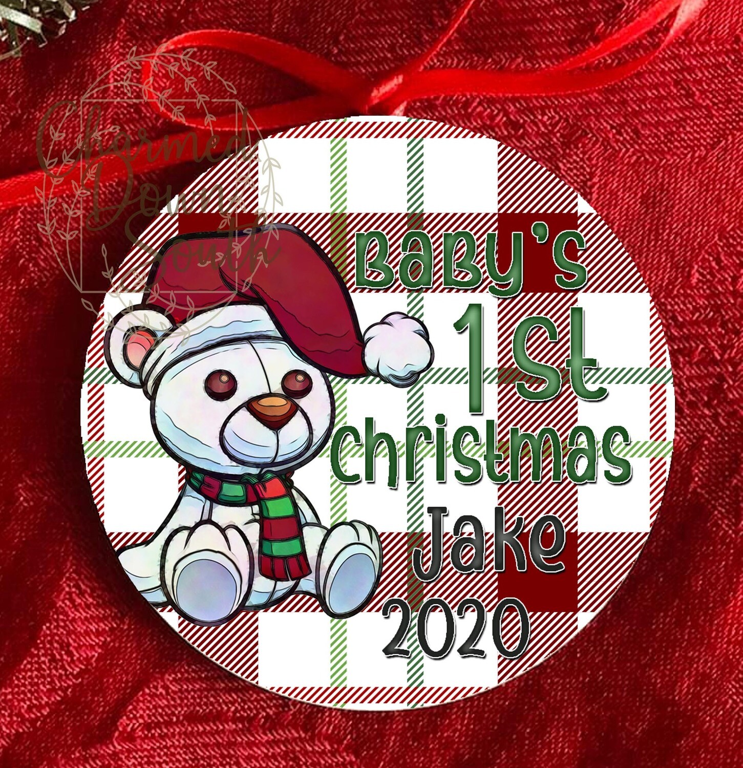 Baby&#39;s First Christmas Red and Green Teddy Bear Digital Design