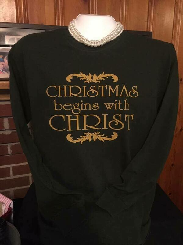 Screen printed transfer - Christmas Begins with Christ ADULT Vegas Gold