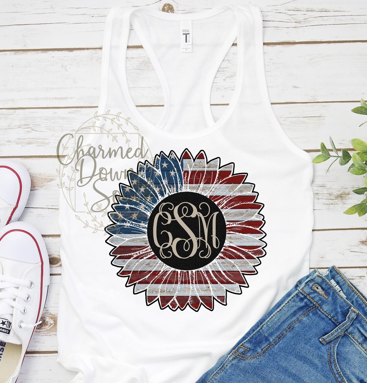 Sunflower American Flag Monogram Frame Black Center Digital Design