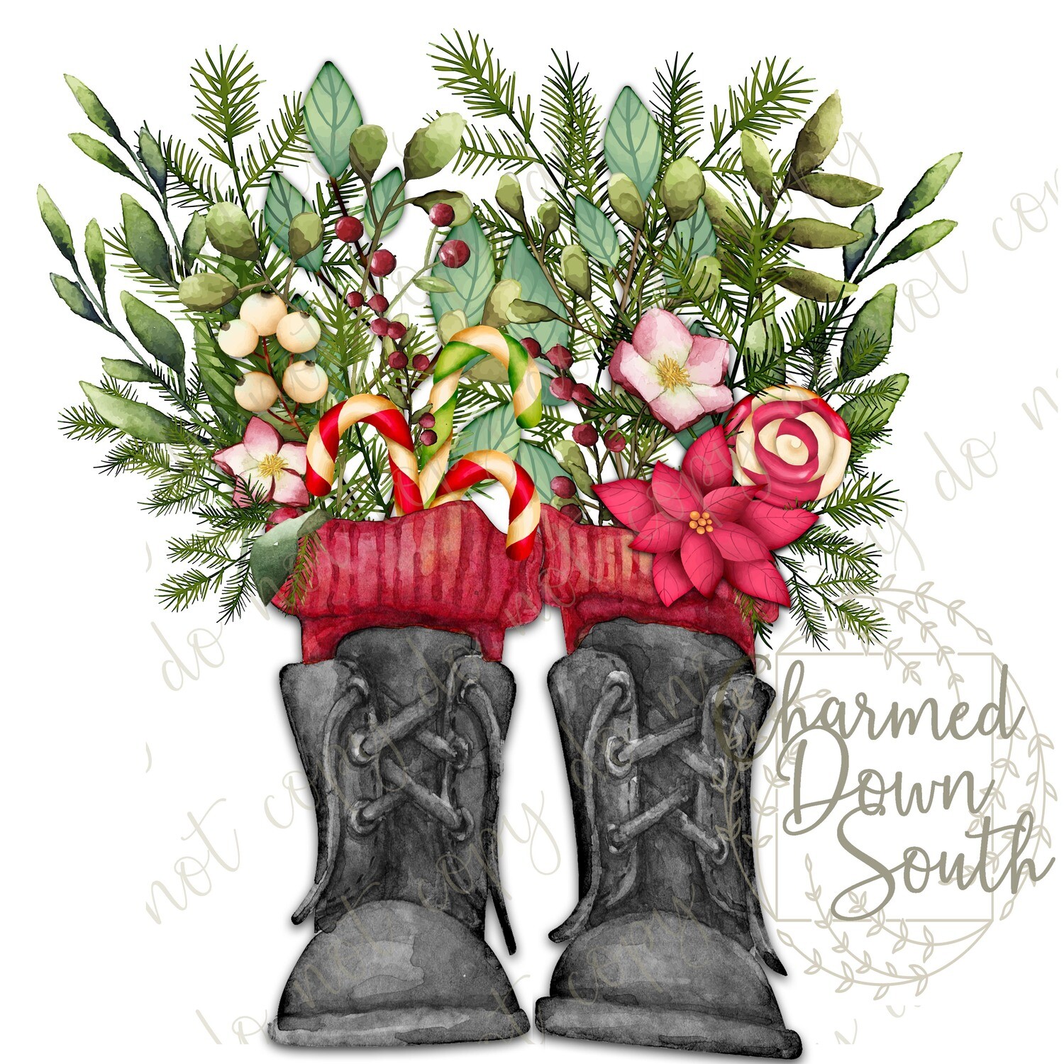Black Boots with Christmas Floral Arrangement Digital Design