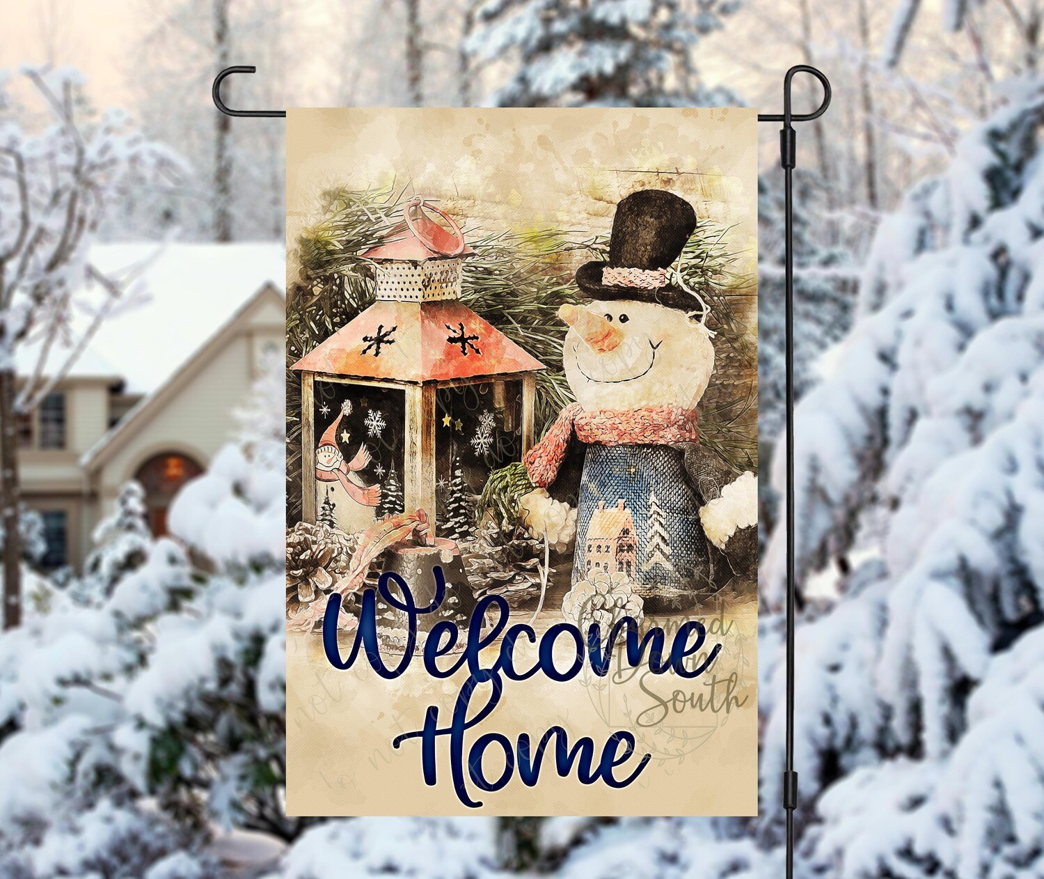 Welcome Home Snowman Lantern Garden Flag Digital Design