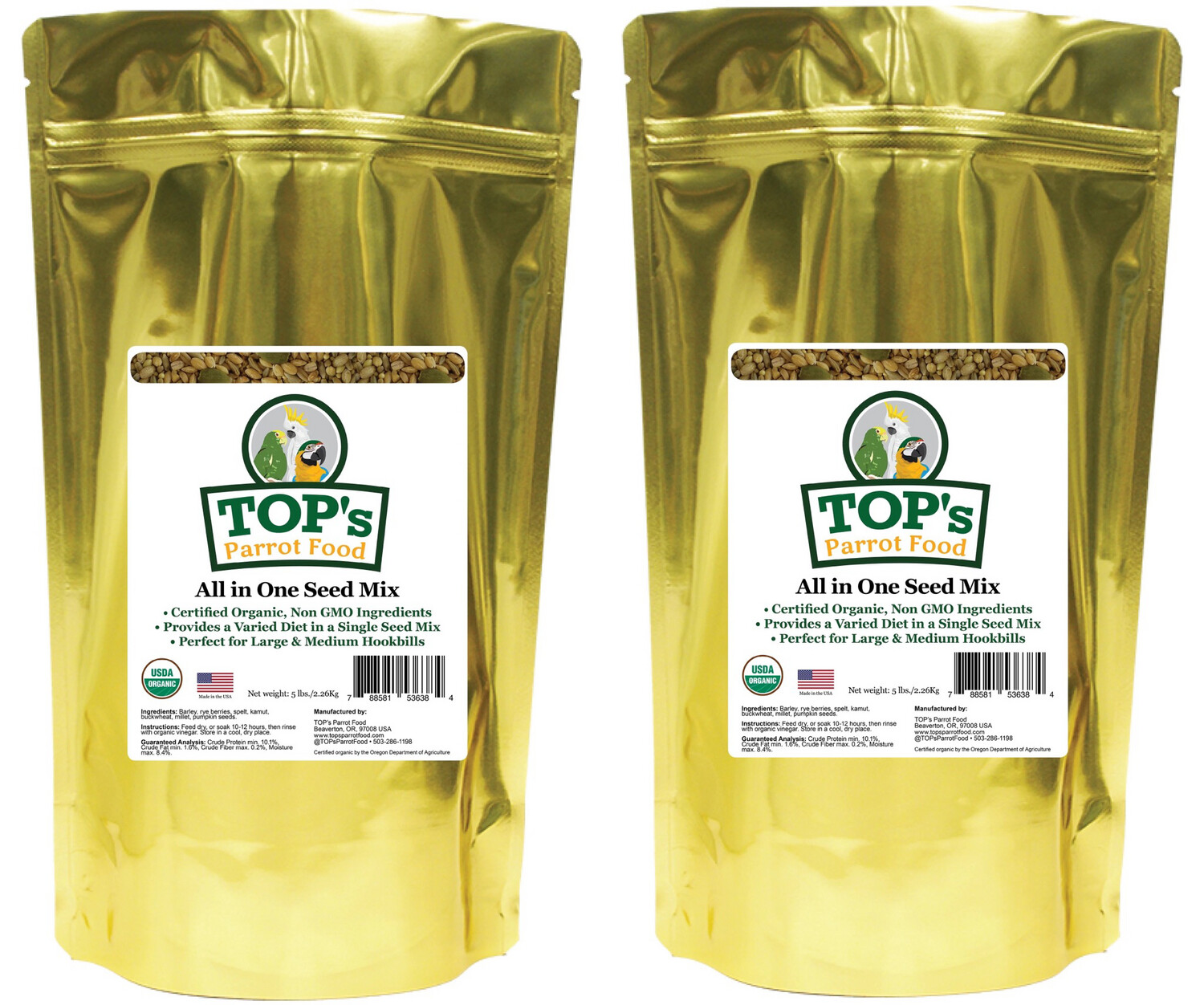 5Lb All In One Seed Two-Pack Organic TOPs Parrot Food (includes Shipping) 