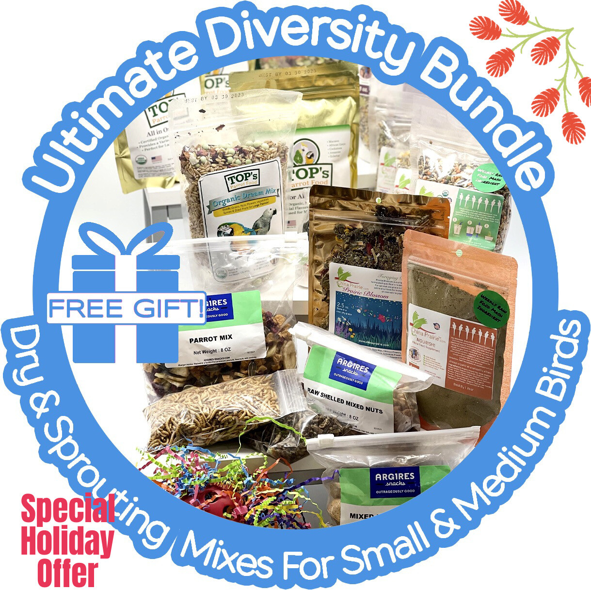 Holiday Thrive! Ultimate Diversity Box (Dry & Fresh) — Small & Medium Birds (Special Offer - Buy 1, Give 1 or Get 1 at 10% Off PLUS a FREE Extra Bag of FOOD In Each Box)