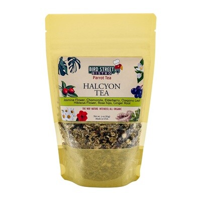 HALCYON TEA - PARROT TEA 100% Organic, human grade healing herbs. Halcyon Tea's mixture of organic herbal tea is specifically made for your feathered friend. Calming and anti-inflammatory.